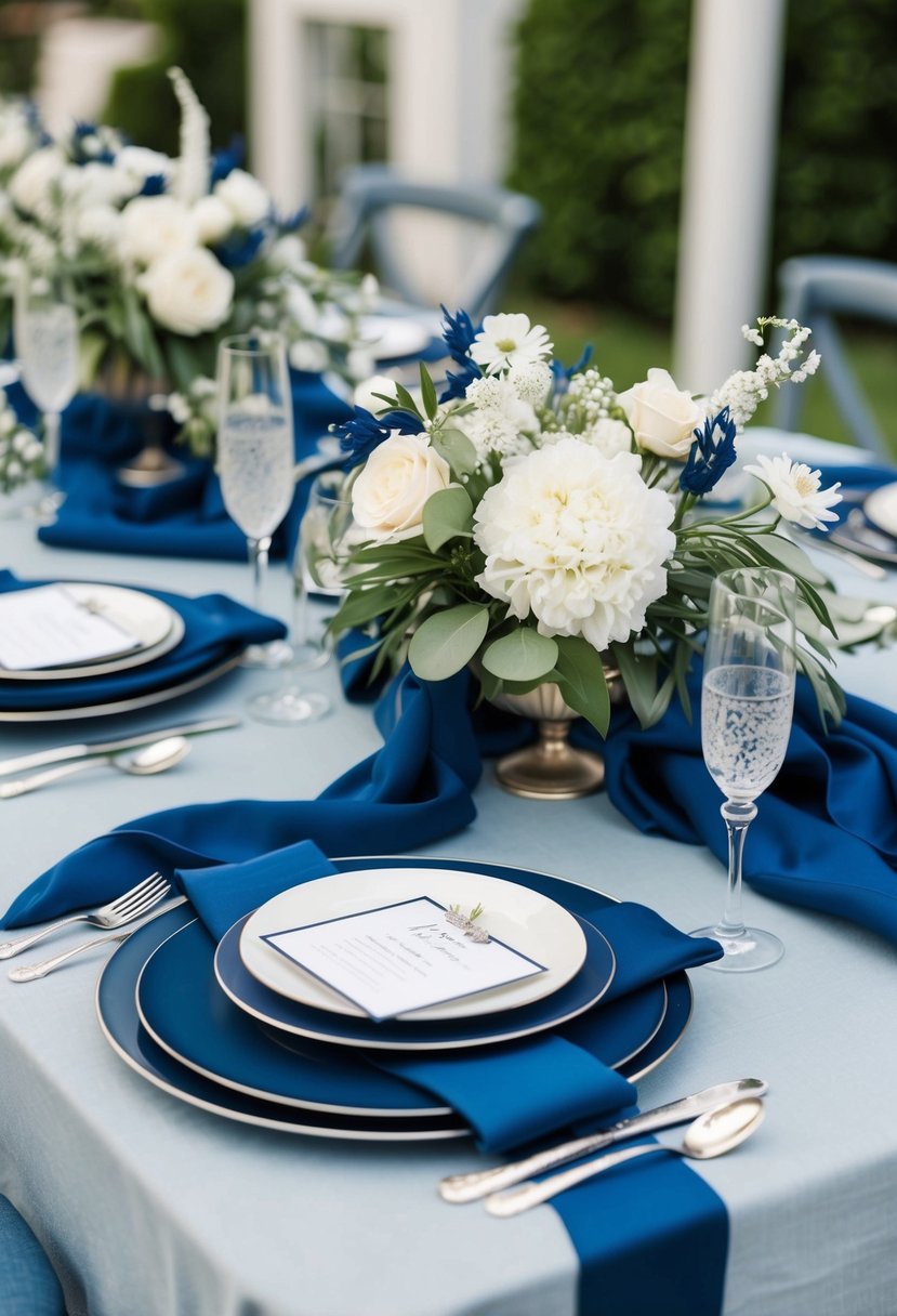 A table set with navy blue and dusty blue linens, adorned with delicate white flowers and silver accents