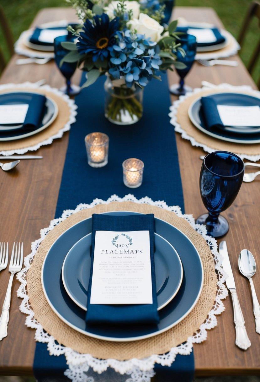 Navy placemats with burlap and lace accents adorn a rustic wedding table, complemented by navy blue floral centerpieces