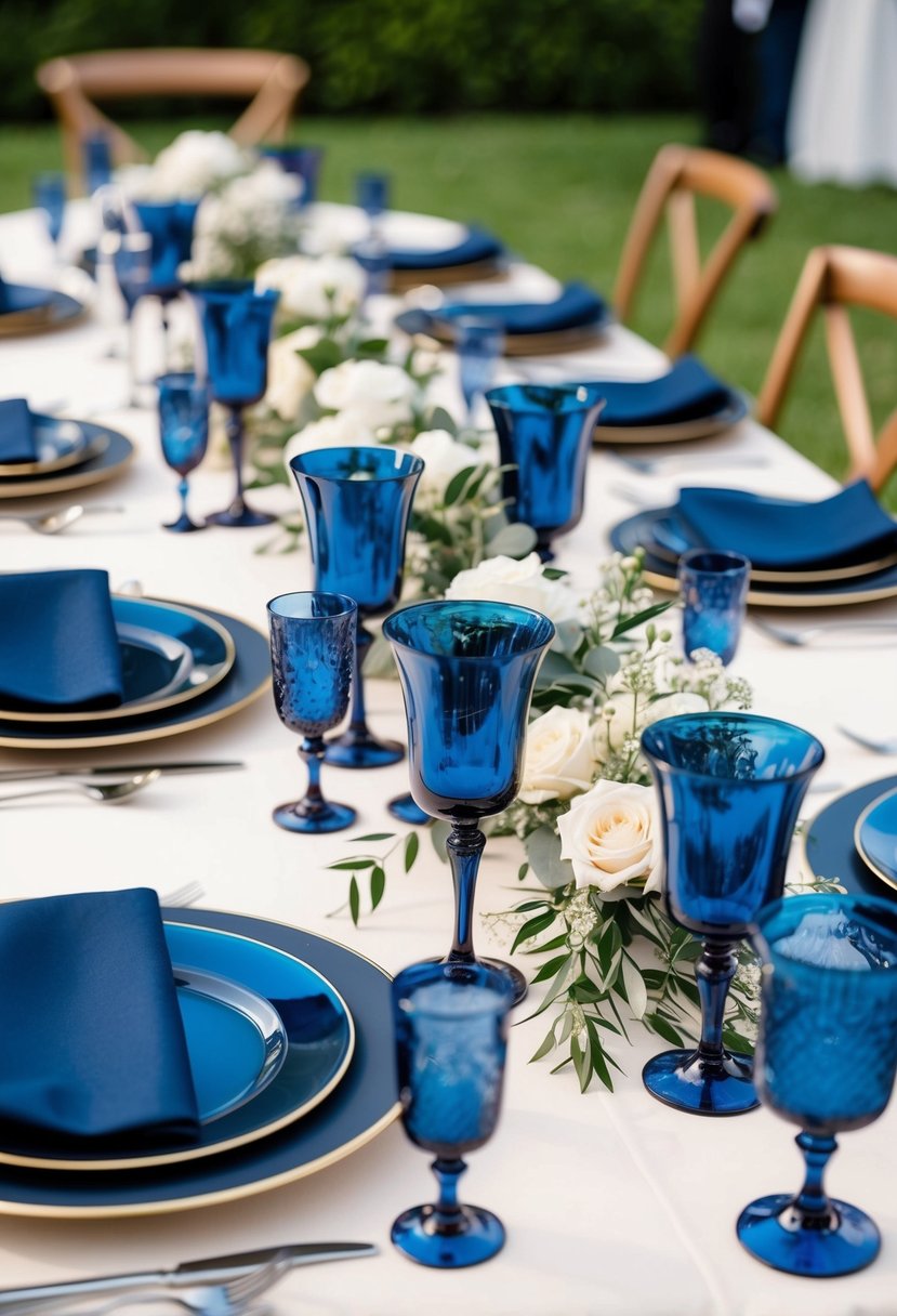 A table adorned with navy blue glassware and wedding decorations