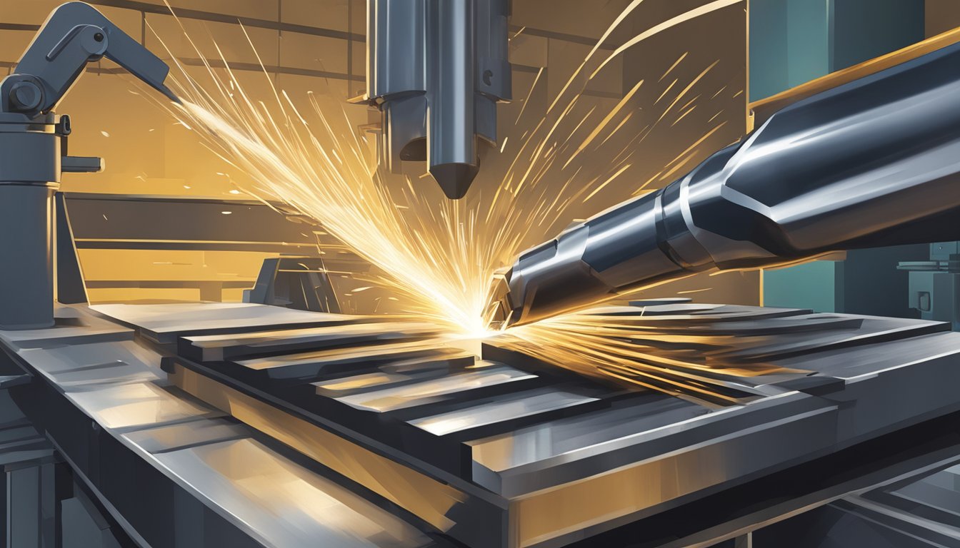 A carbide step reamer cutting through metal in an industrial setting. Sparks fly as the precision tool shapes and refines the material