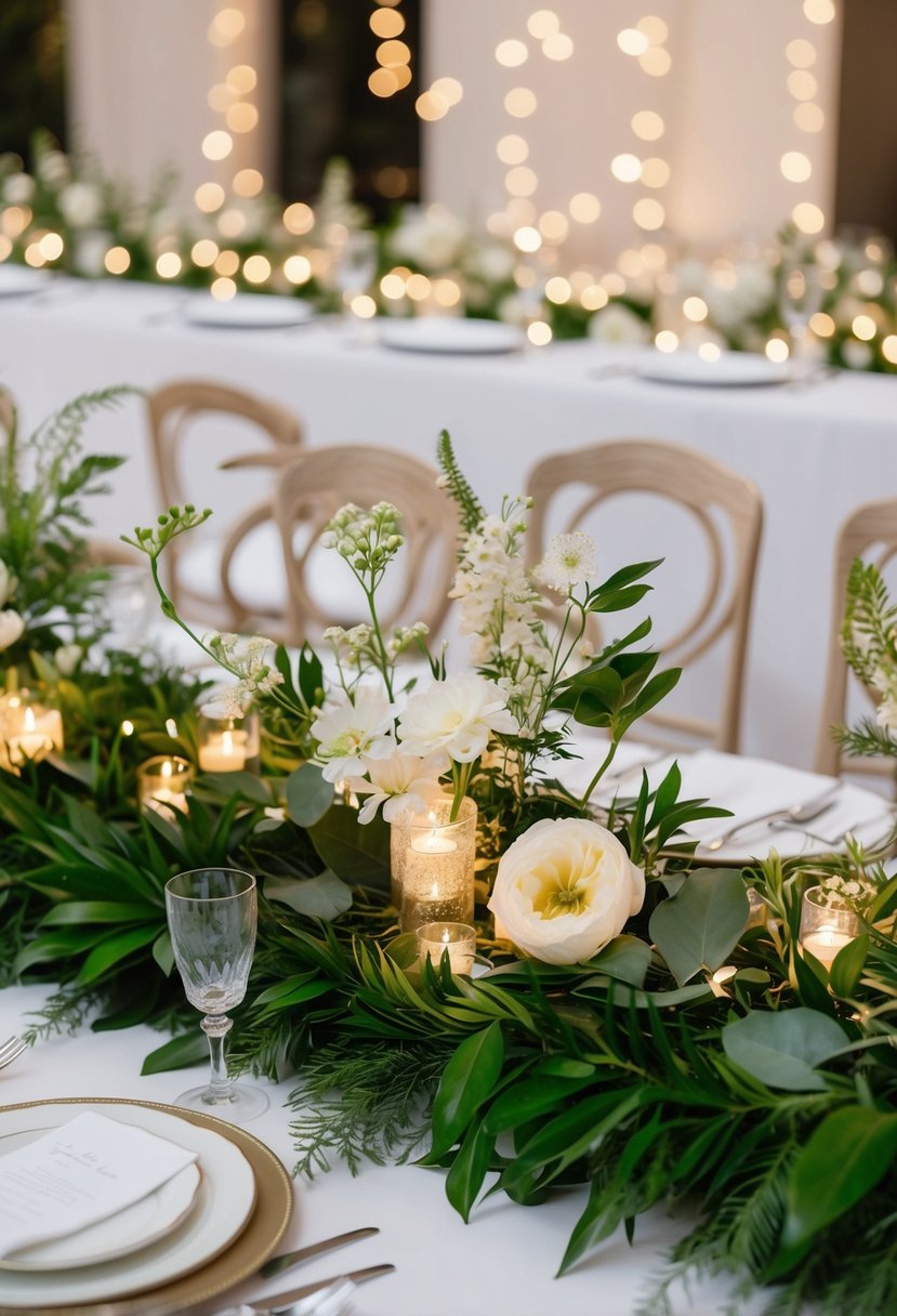 A table adorned with a lush green garland, delicate flowers, and twinkling fairy lights creates a romantic and elegant wedding centerpiece