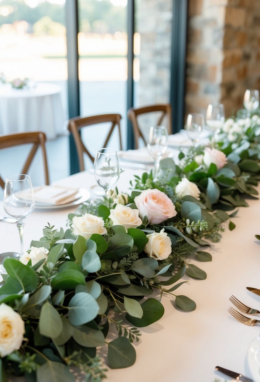 A table adorned with a lush garland of layered eucalyptus and roses, creating a romantic and elegant wedding centerpiece