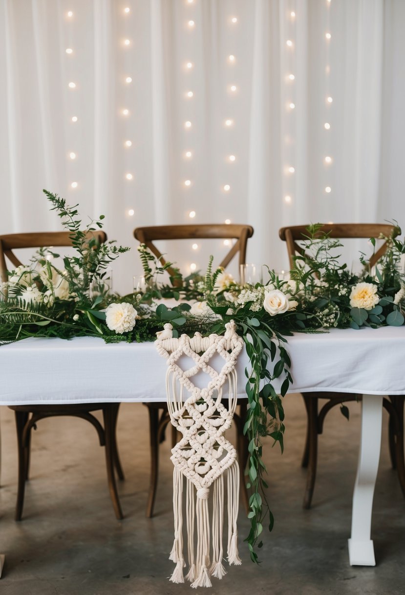 A bohemian-inspired macramé garland drapes across a wedding table, intertwined with greenery and delicate flowers, creating a whimsical and romantic atmosphere