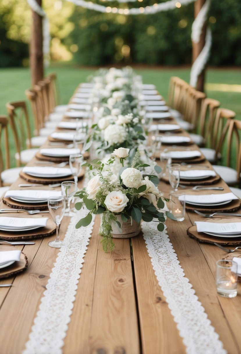 A wooden wedding table adorned with rustic burlap and lace garland