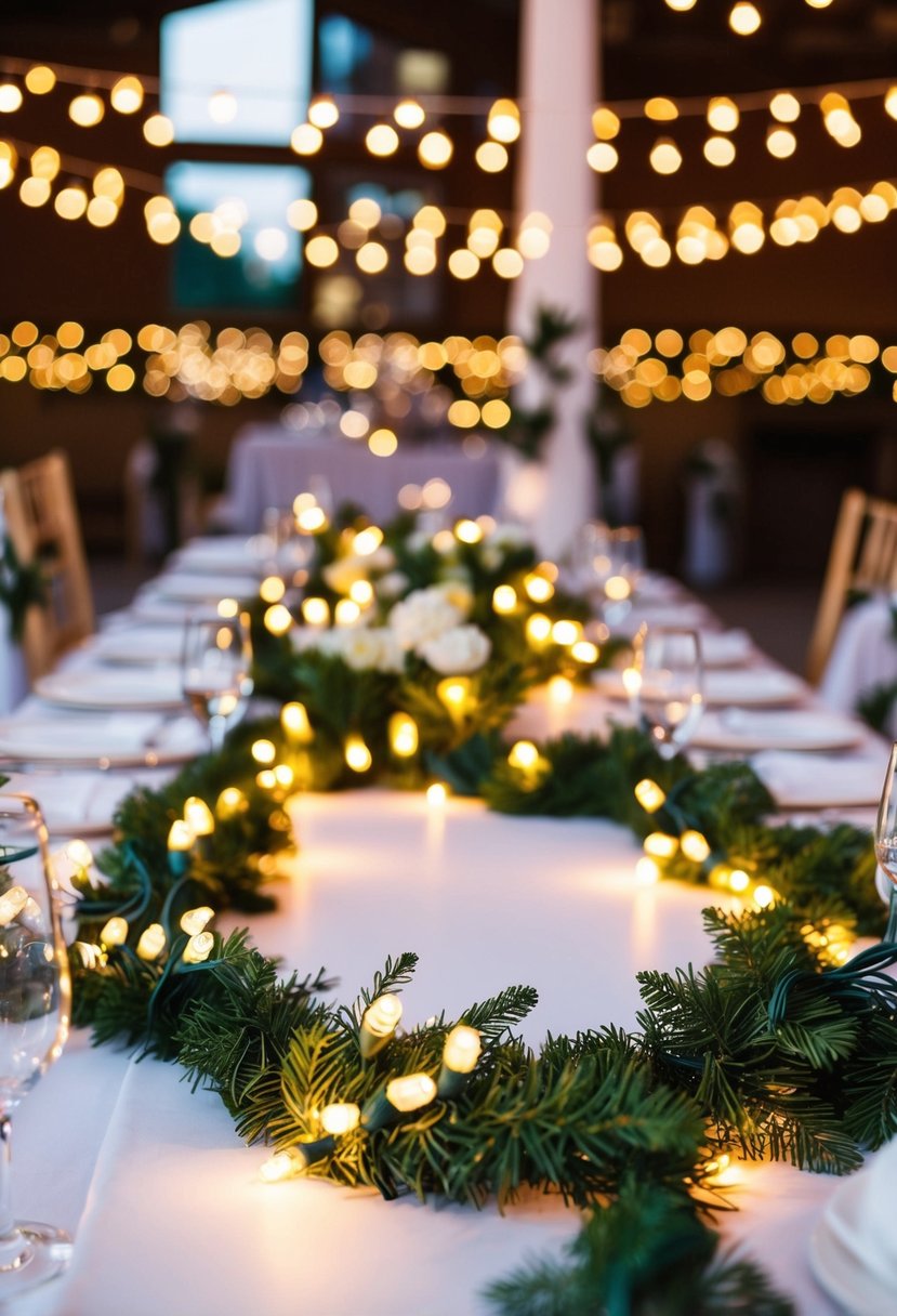 Twinkling fairy lights intertwined with garland on a wedding table