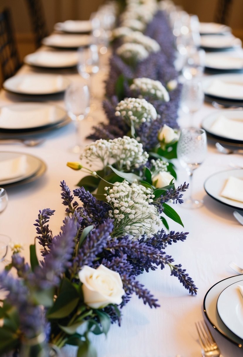 A garland of lavender and baby's breath adorns a wedding table, creating a delicate and fragrant centerpiece