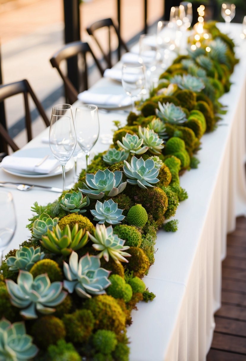 A lush tabletop garland of succulents and moss adorns a wedding reception table