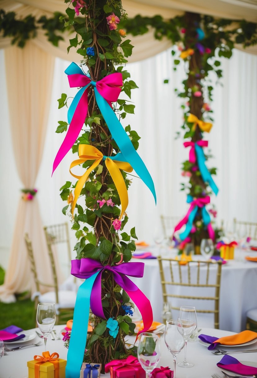 A vine entwined with colorful ribbons and bows adorns a wedding table, creating a whimsical and romantic atmosphere