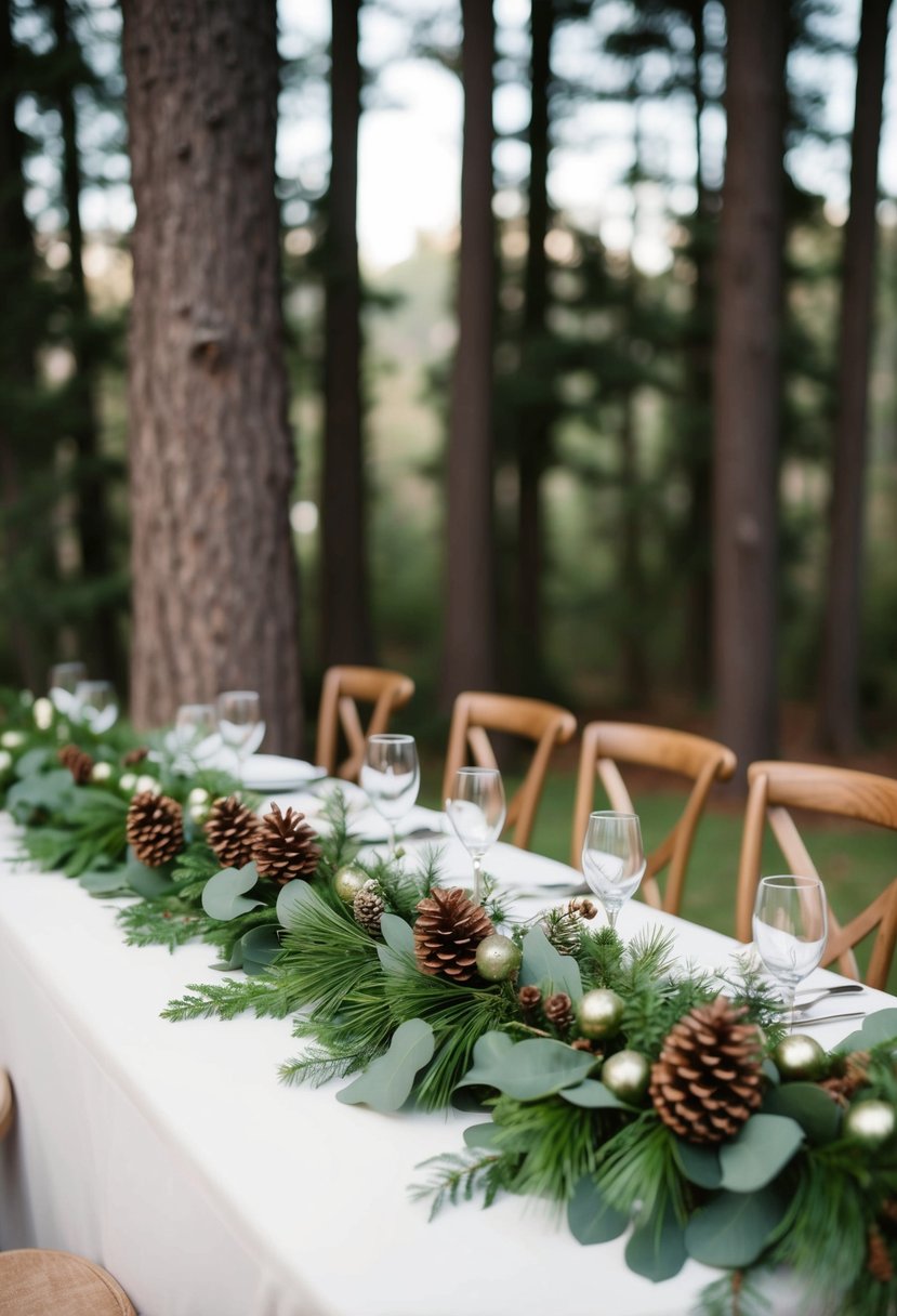 A rustic woodland pine garland drapes across a wedding table, adorned with delicate greenery and pinecones, creating a charming and natural centerpiece