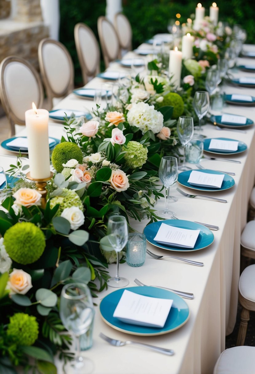 A lush garland of mixed artificial and fresh florals adorns a wedding table, creating a beautiful and romantic centerpiece