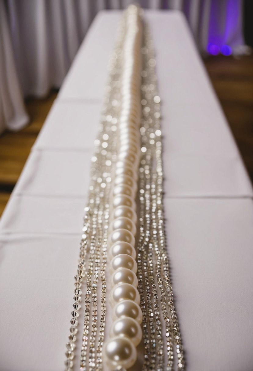 A long, elegant garland of shimmering pearls and sparkling crystal beads drapes across a wedding reception table, adding a touch of glamour and sophistication to the decor