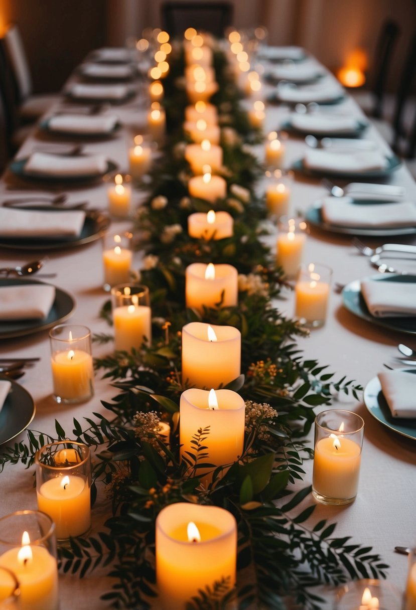 A garland of floating candles adorns the wedding table, casting a warm and romantic glow over the elegant setting