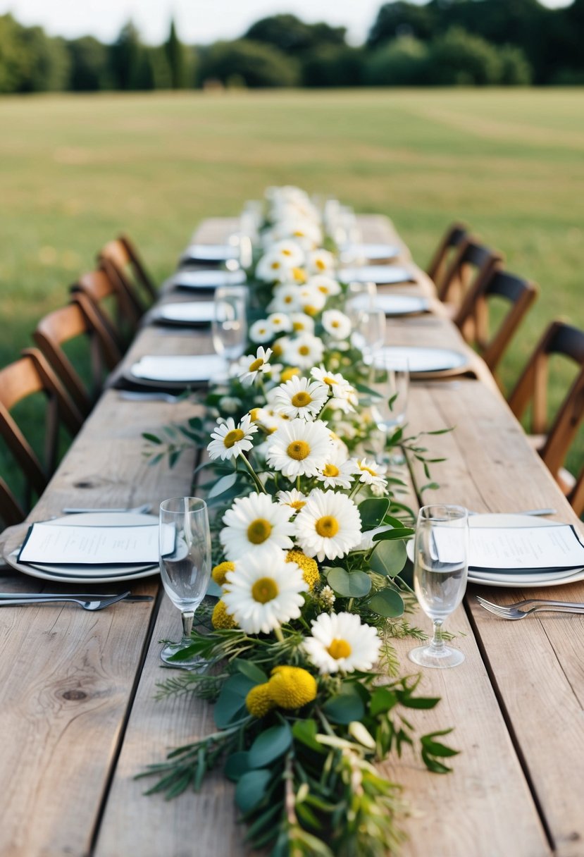 A rustic wooden wedding table adorned with a daisies garland and simple greenery