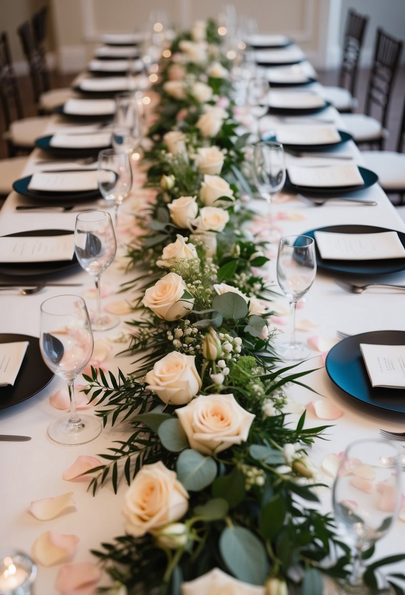 A long wedding table adorned with a garland of rose petals, intertwined with greenery and delicate flowers, creating a romantic and elegant centerpiece