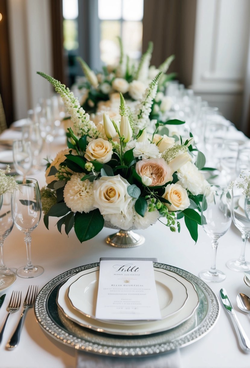 A beautifully arranged table setting with elegant floral centerpieces and sparkling silverware for a wedding celebration