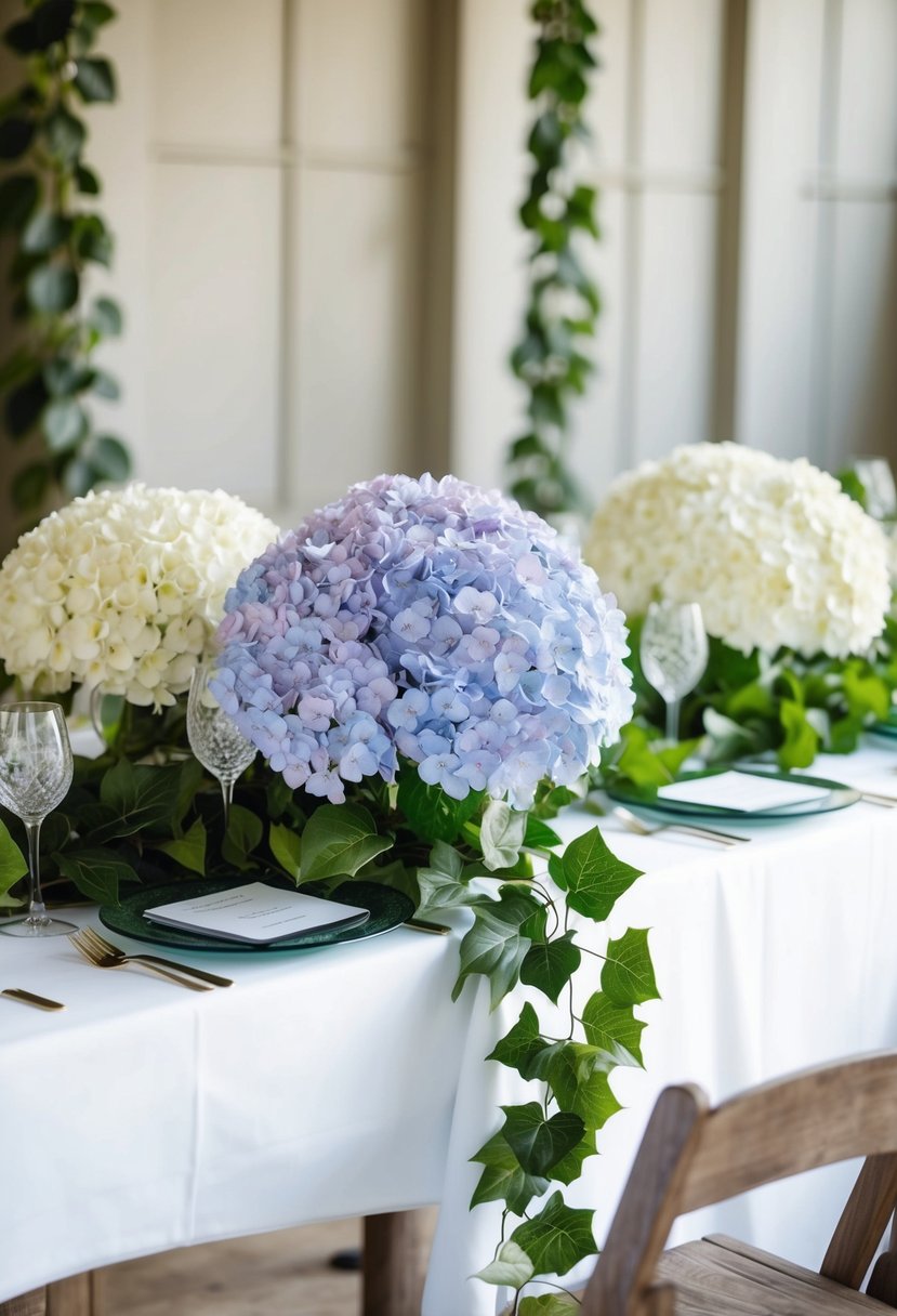 A table adorned with silk hydrangeas and ivy garland