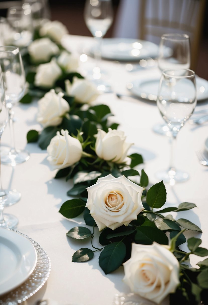 A white rose garland adorns a wedding table setting