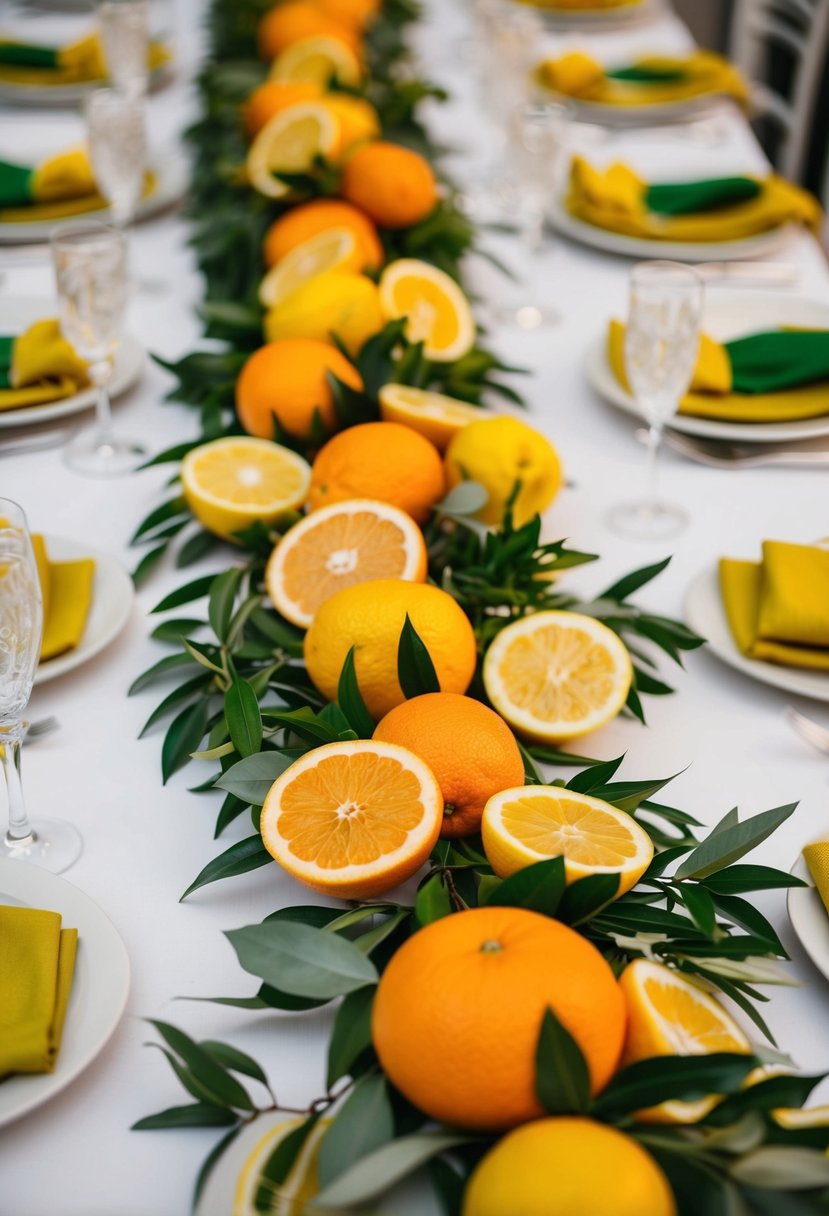 A garland of orange and lemon citrus fruits adorns a wedding table, adding a fresh and vibrant touch to the decor