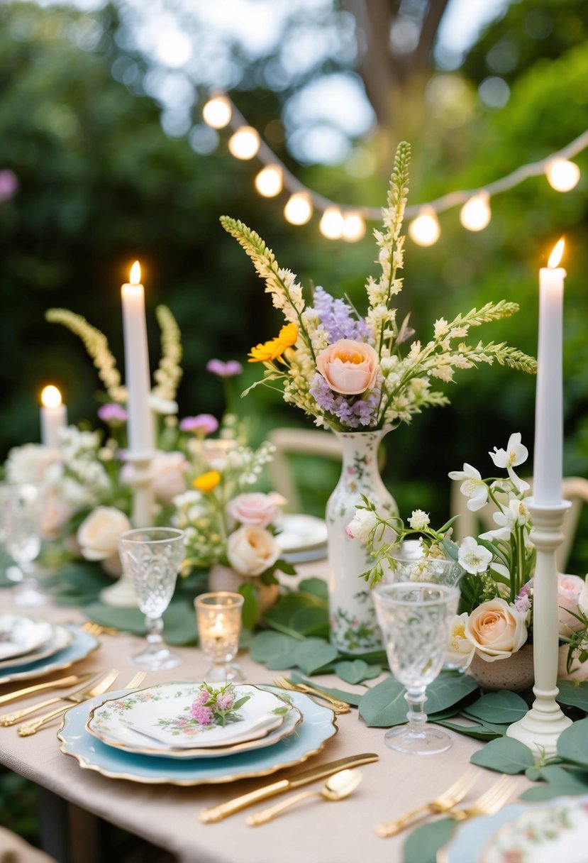 A miniature garden-themed wedding table setting with delicate floral centerpieces, vintage china, and twinkling fairy lights