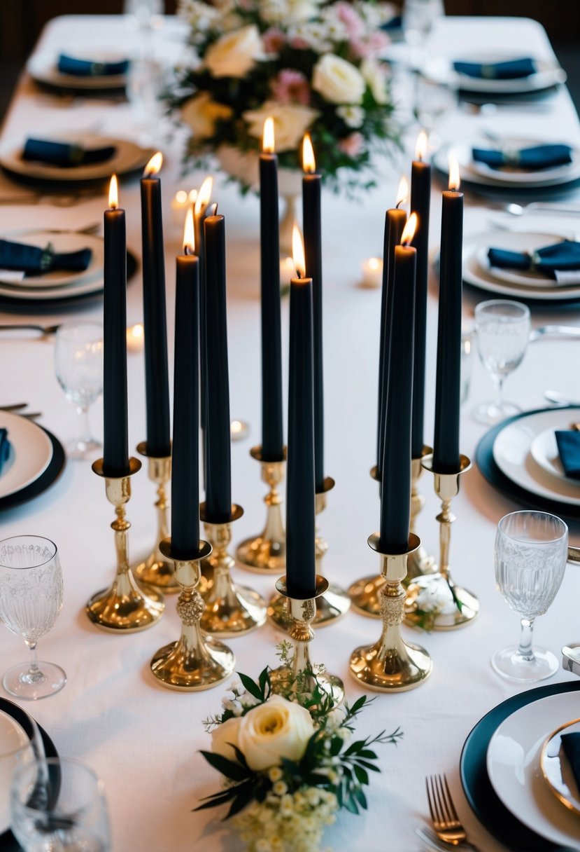 Black taper candles arranged in a symmetrical pattern on a white tablecloth, surrounded by delicate floral centerpieces and elegant dinnerware