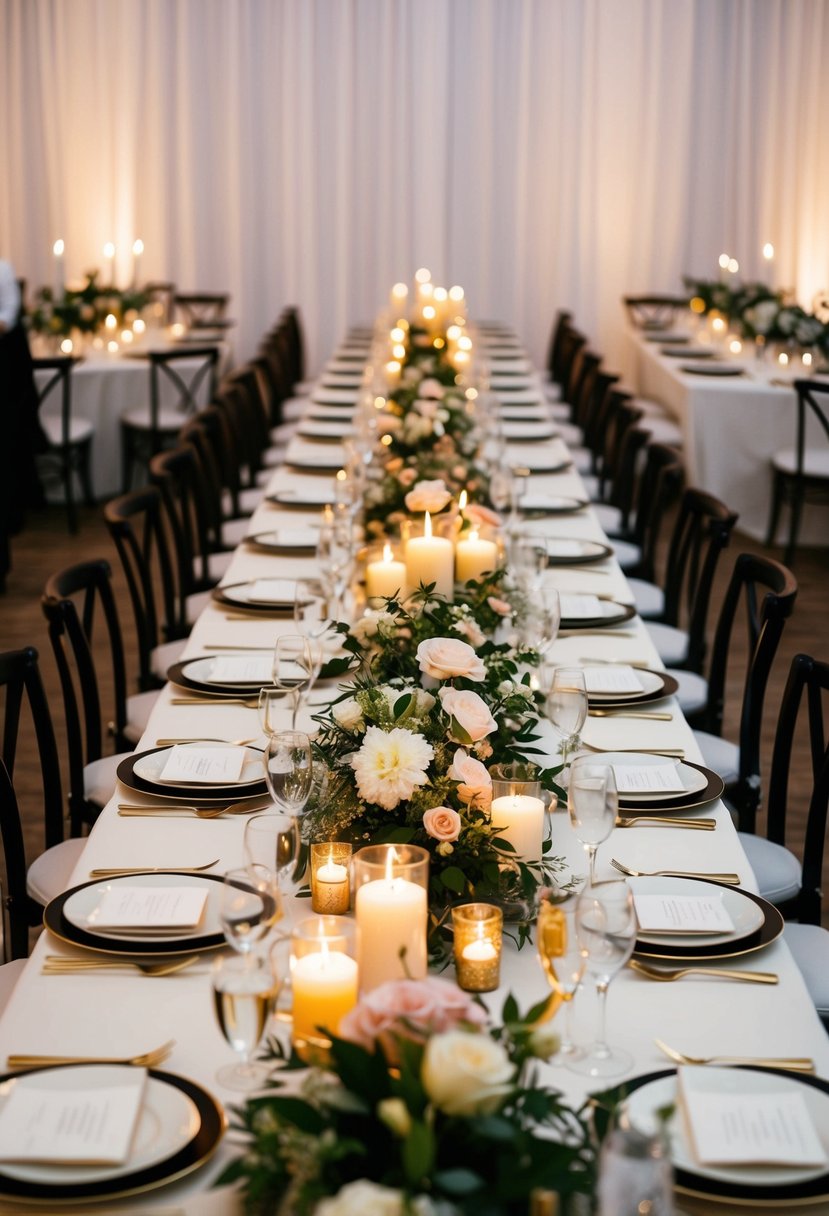 A long wedding table adorned with elegant floral centerpieces, flickering candlelight, and delicate place settings