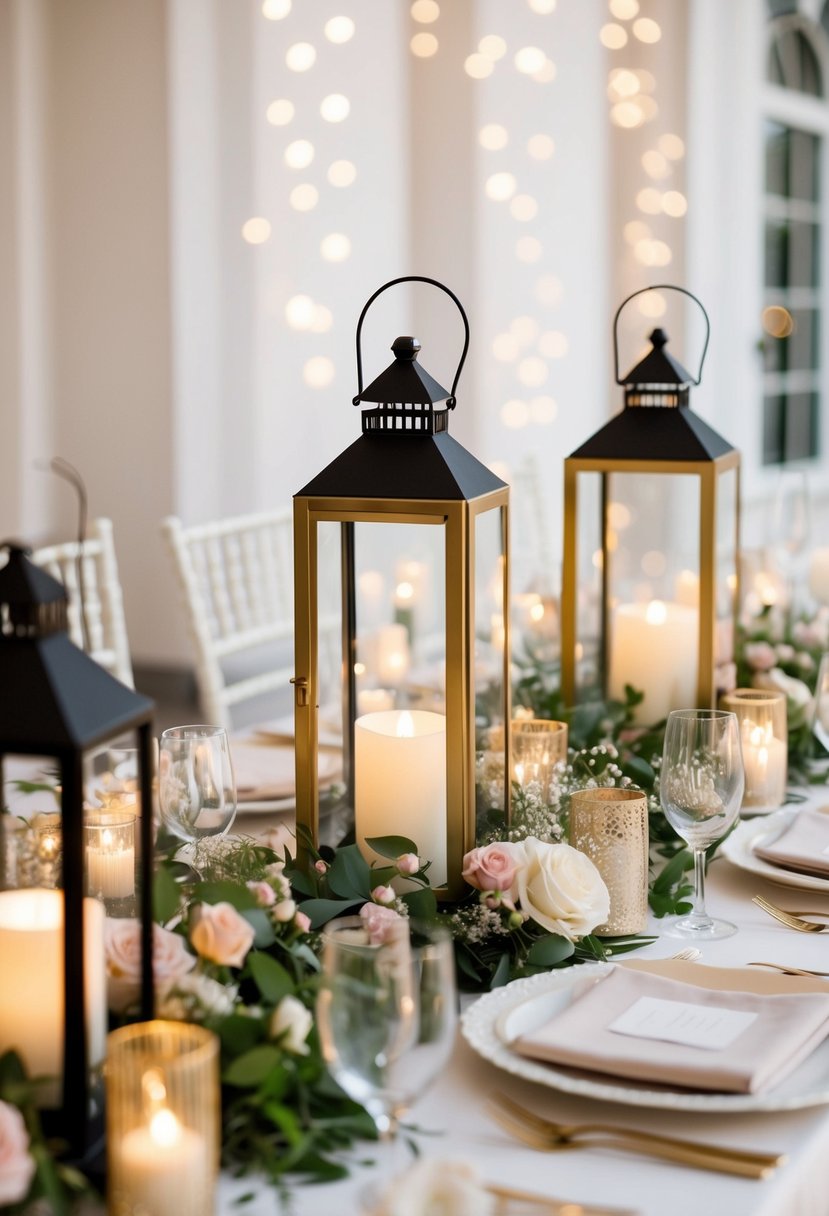 A table adorned with lanterns and delicate floral arrangements, creating a romantic and enchanting wedding setting