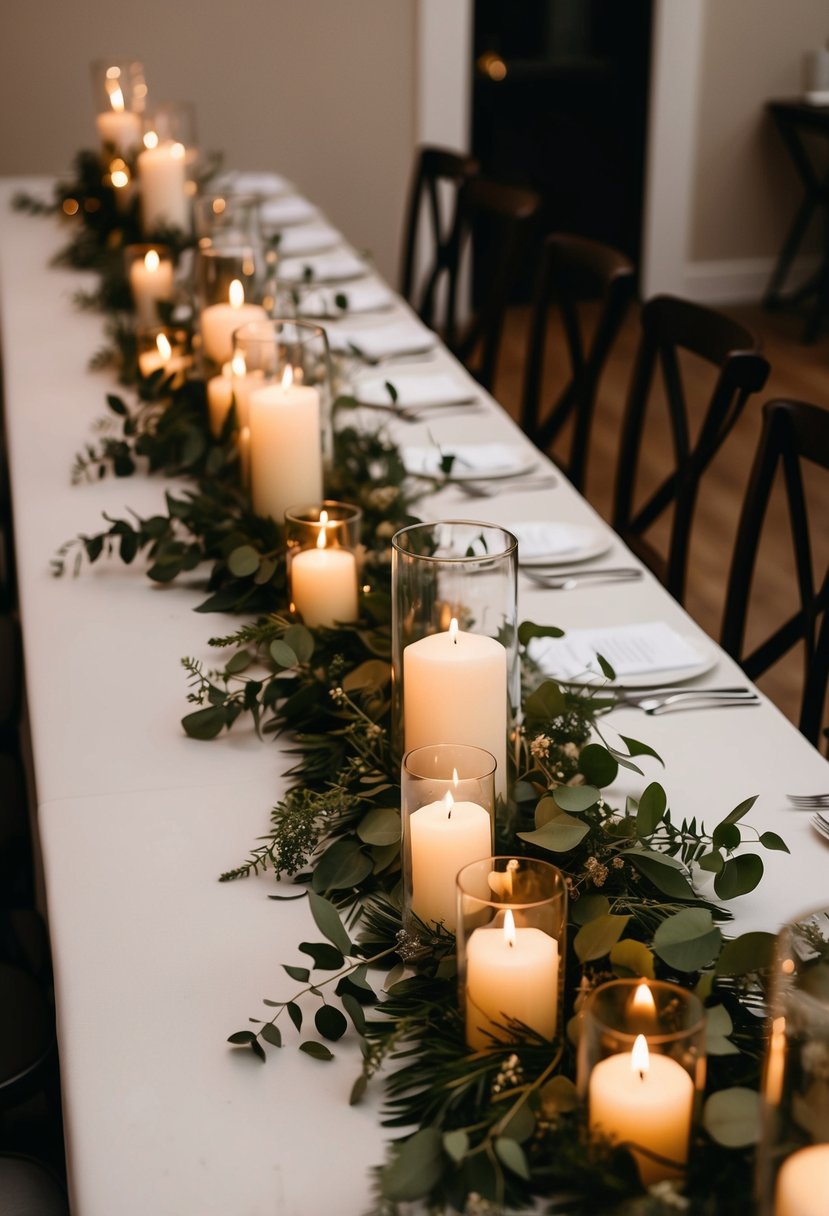 Floating candles and greenery adorn a long wedding table