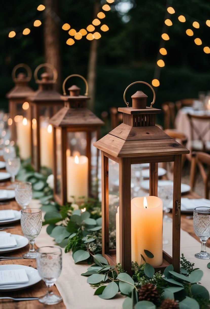 Rustic wooden lanterns with pillar candles illuminate a long wedding table