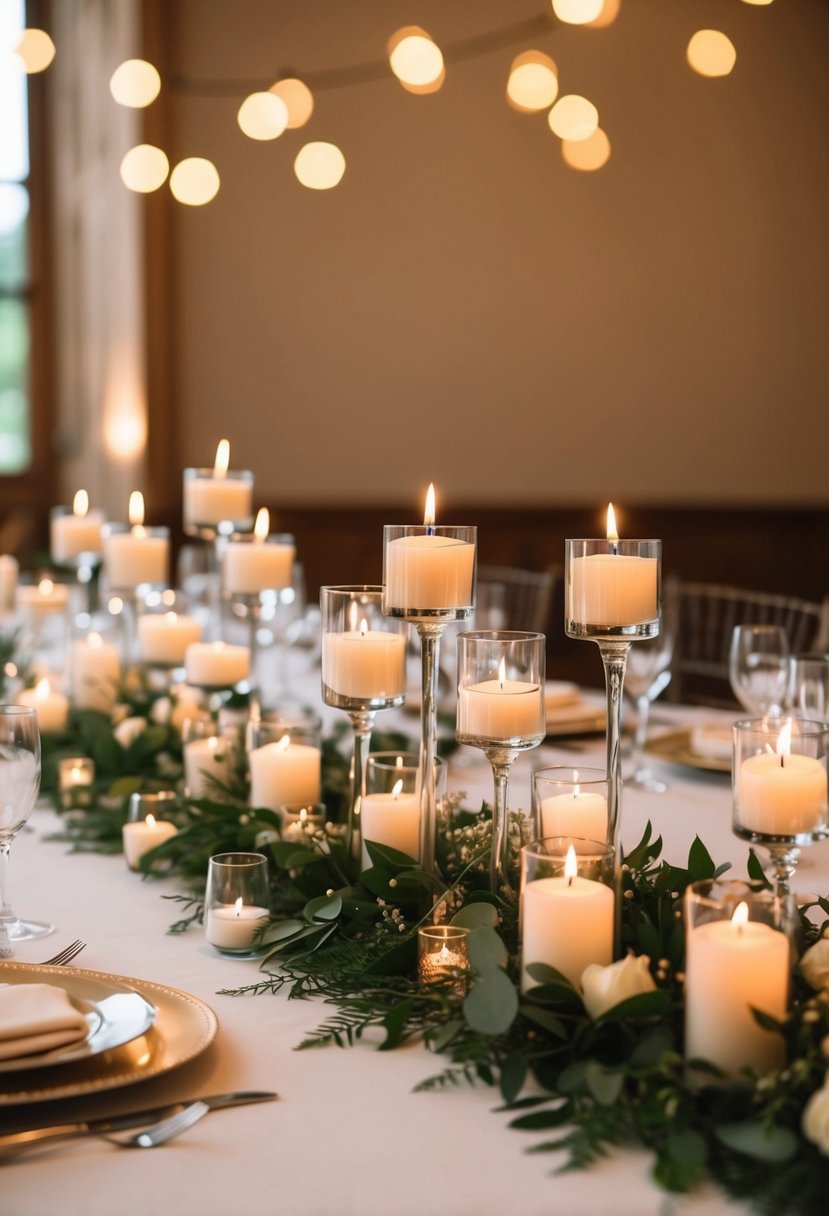 A table is set with an arrangement of floating candles, creating a romantic and elegant wedding decoration