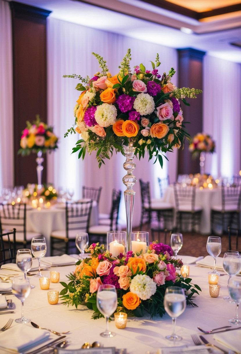 A vibrant floral centerpiece adorns a wedding reception table, creating an elegant and romantic atmosphere