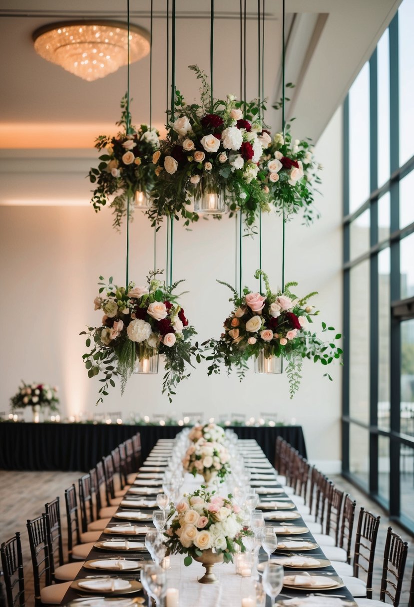 Floral arrangements suspended above long wedding table