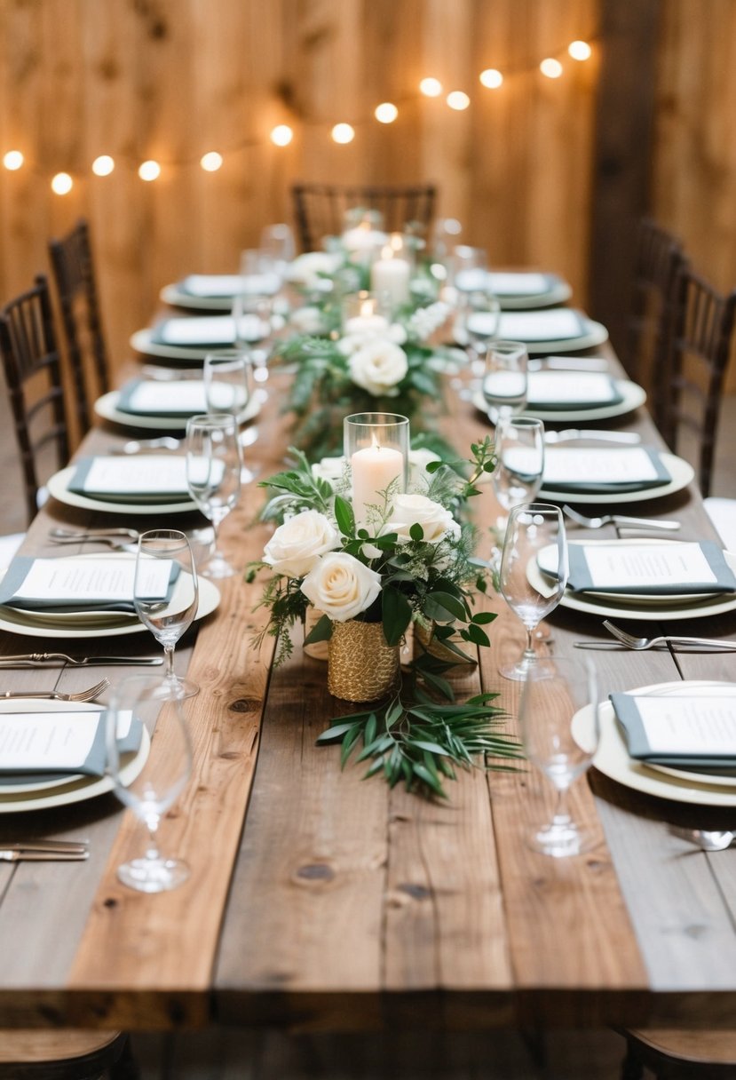 A rustic wooden table runner adorned with elegant table settings for a wedding reception