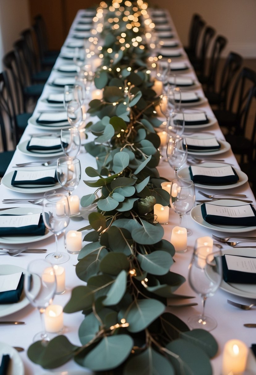 A long wedding table adorned with eucalyptus garlands intertwined with twinkling fairy lights