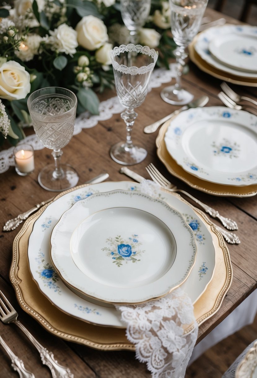 A vintage tableware table setting with delicate china, ornate silverware, and lace accents arranged on a rustic wooden table for a romantic wedding reception