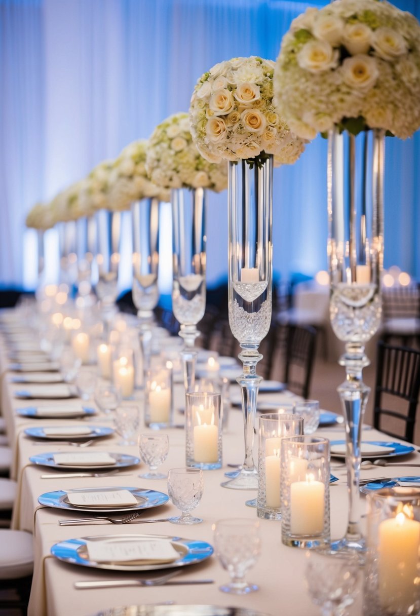 Tall and short crystal vases arranged along a long wedding table, reflecting light and adding elegance to the decor