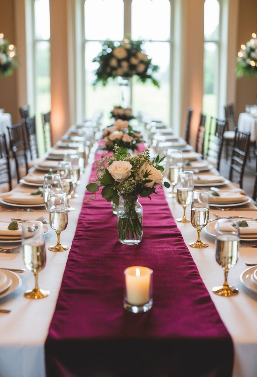 Rich-hued velvet table runners adorn a long wedding table, adding a touch of luxury to the elegant decor