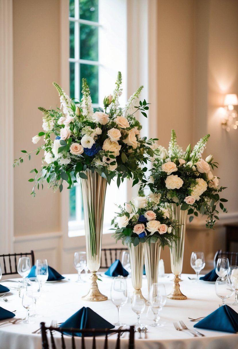 A table set with tall, elegant vases filled with flowers for a wedding decoration