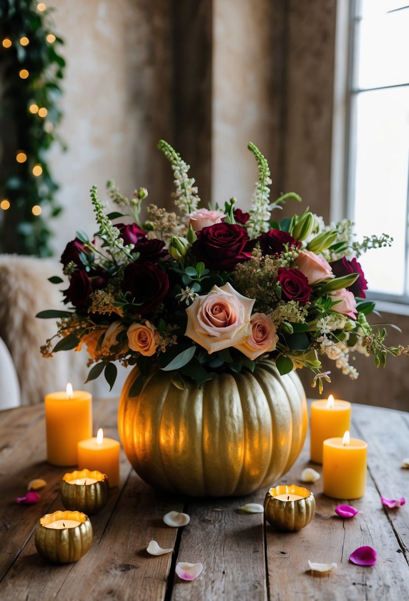 A lush floral arrangement in a gold-painted pumpkin vase, surrounded by flickering candles and scattered rose petals on a rustic wooden table