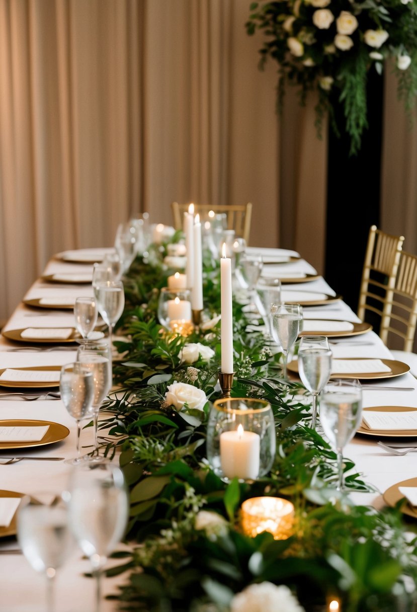 A table adorned with lush greenery runners and elegant wedding decorations