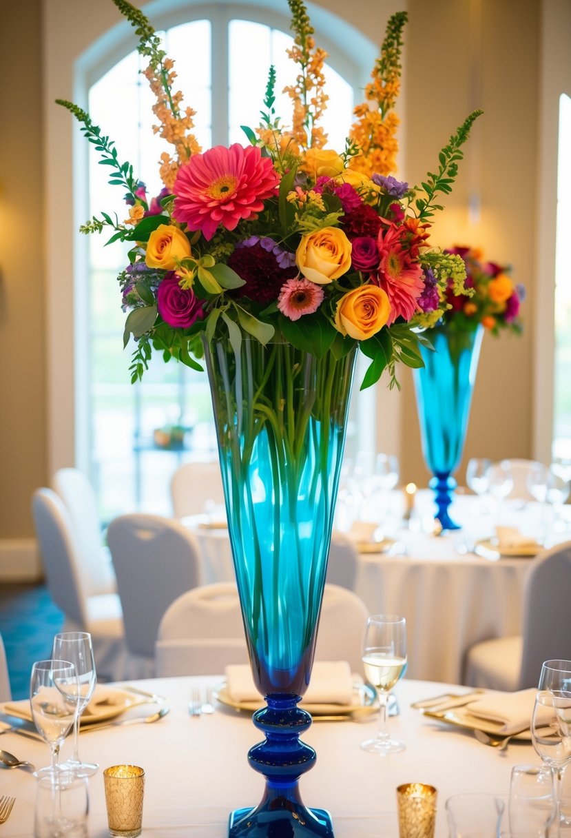 Tall vases hold vibrant seasonal blooms as centrepieces on wedding tables