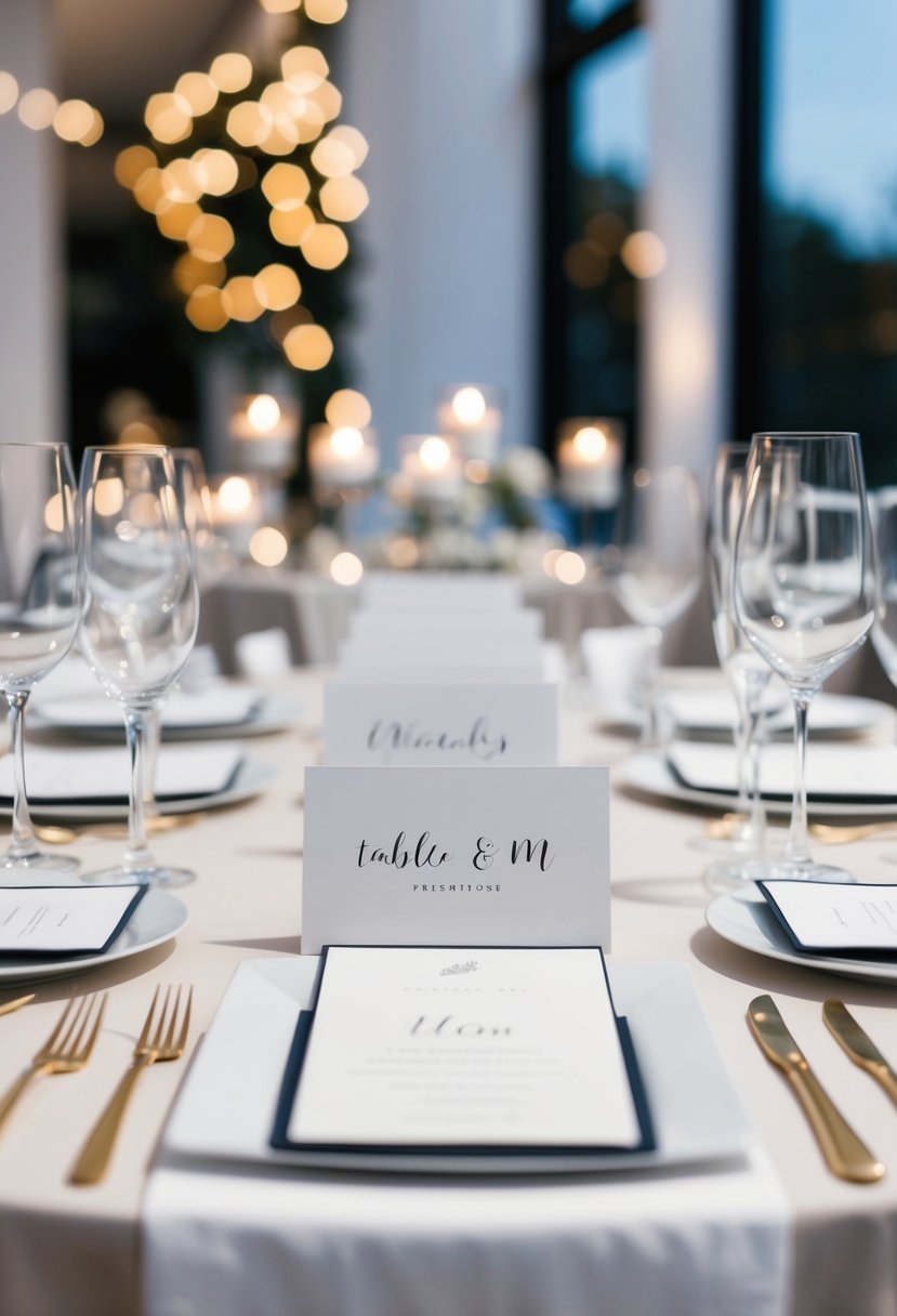 A sleek table setting with modern place cards, minimalist decor, and elegant details for a chic wedding reception