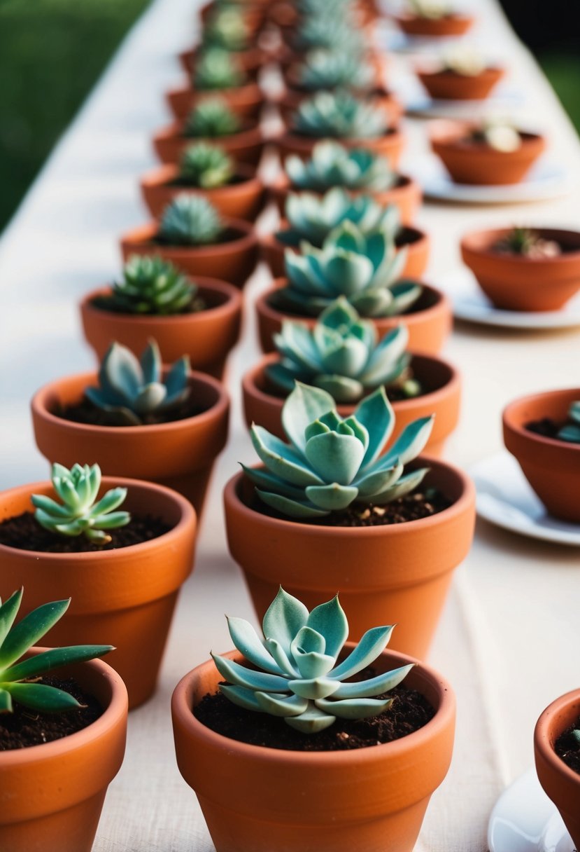 Terracotta pots with succulents line a long wedding table