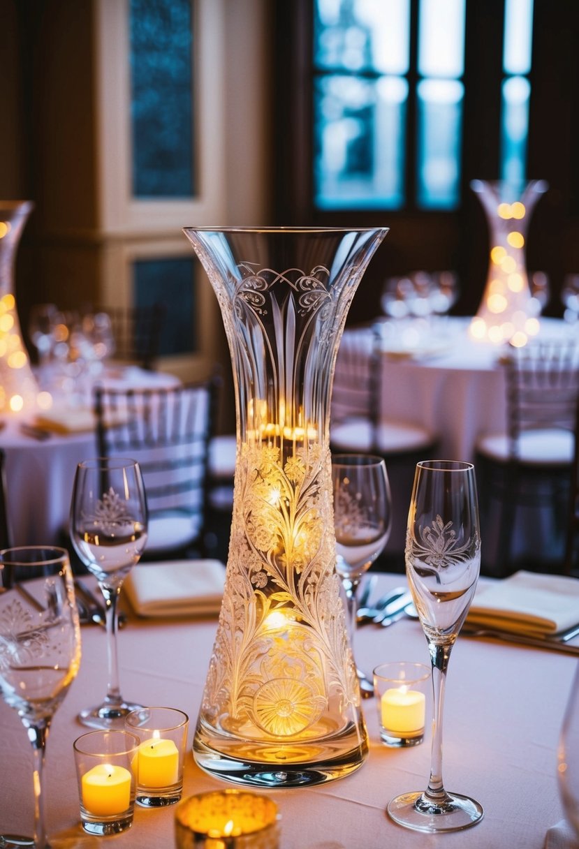 Glass vases with intricate engravings, filled with glowing LED lights, sit atop wedding tables as elegant centerpieces