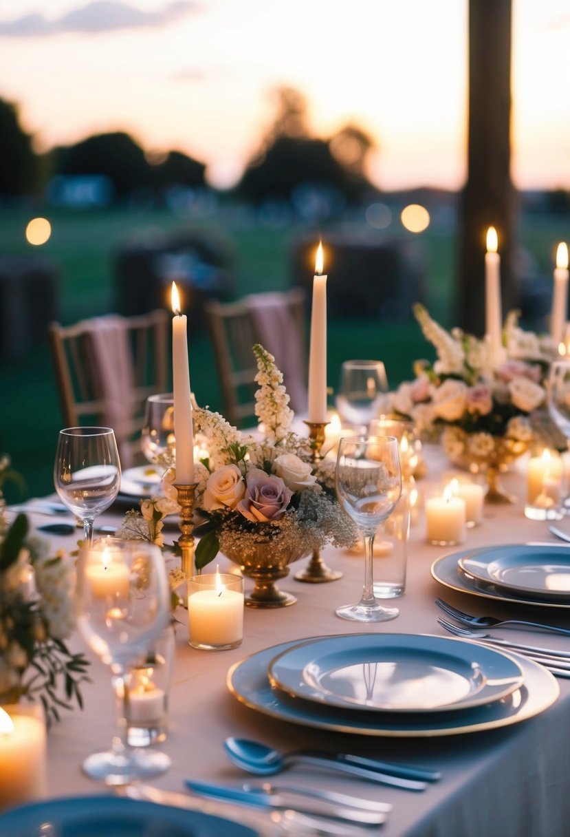 A table set with flickering candles, delicate flowers, and elegant dinnerware creates a romantic ambiance for a wedding celebration