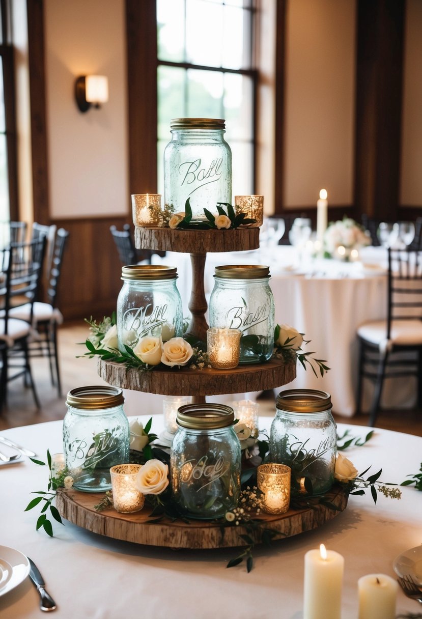 Three tiered cake stands made of glass jars adorned with flowers and candles, set on wedding tables