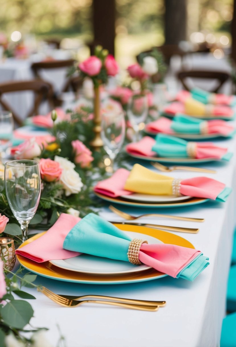 A table adorned with bright pastel napkins, set for a wedding celebration