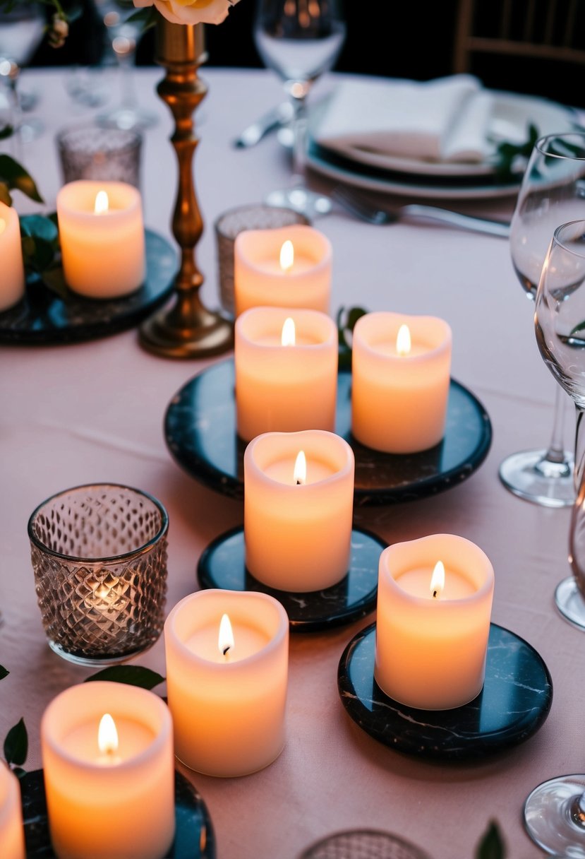 Flameless candles arranged among marbles on a wedding table centerpiece