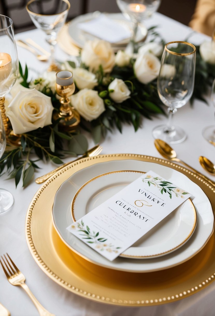 A table setting with gold accent cutlery, elegant plates, and decorative details for a wedding celebration