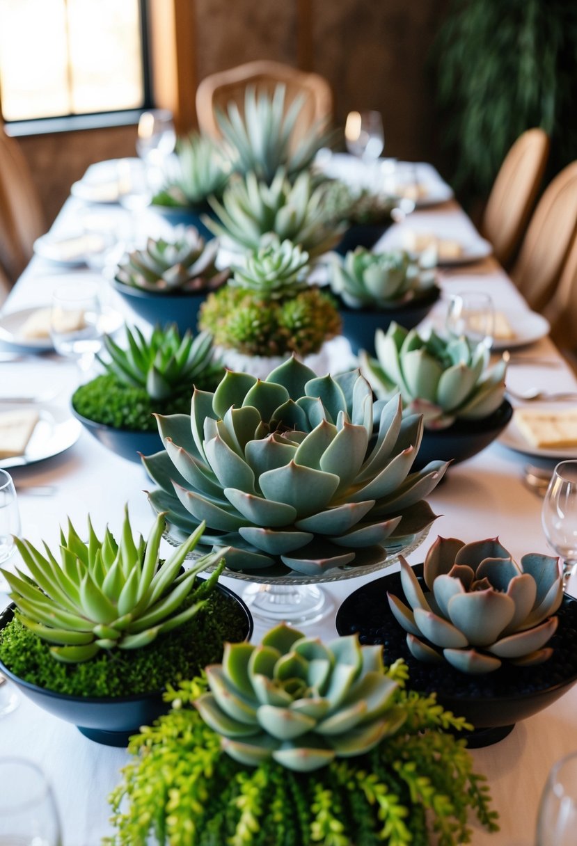 A collection of various non-floral succulent arrangements arranged in a creative and elegant manner as centrepieces for wedding tables