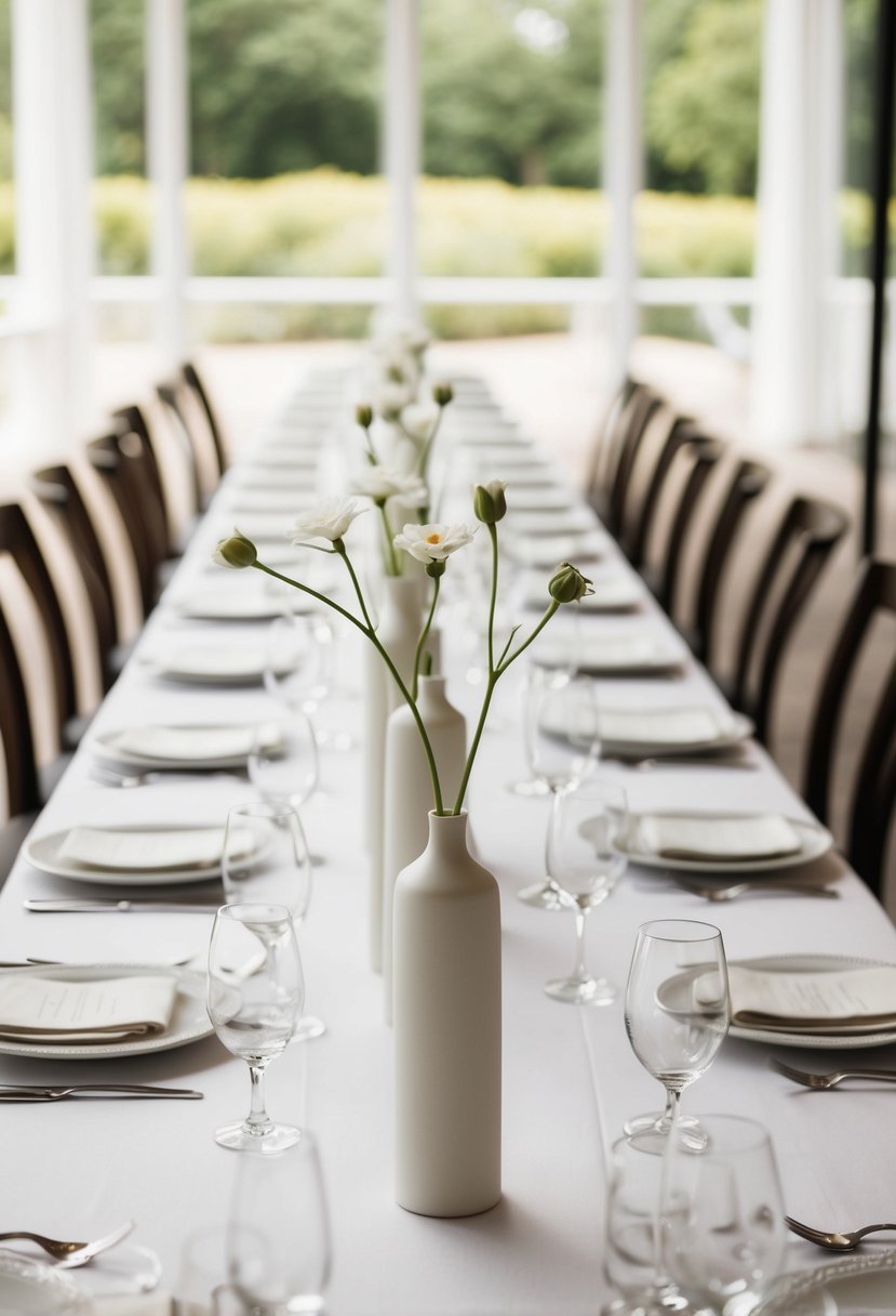 A long wedding table adorned with minimalist bud vases, each holding a single stem, creating an elegant and understated decoration